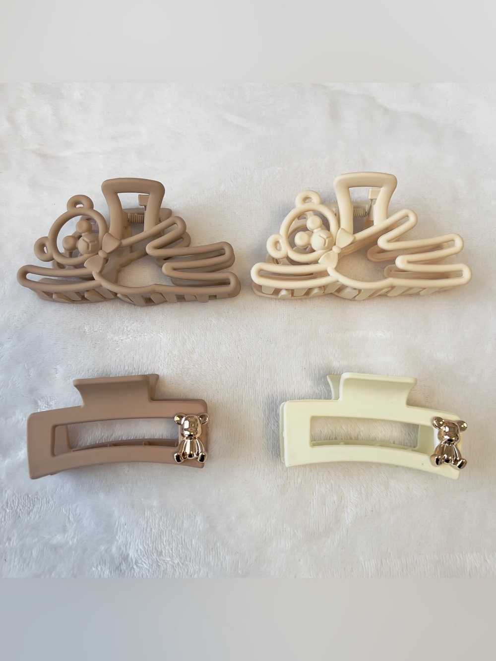 4 Pc Hair Claw Clips Set –Beige/Cream Teddy Bear Design - Boutique